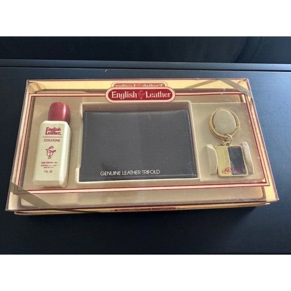English Leather Gift Set Cologne Leather Trifold Wallet Key Fob Vintage NOS